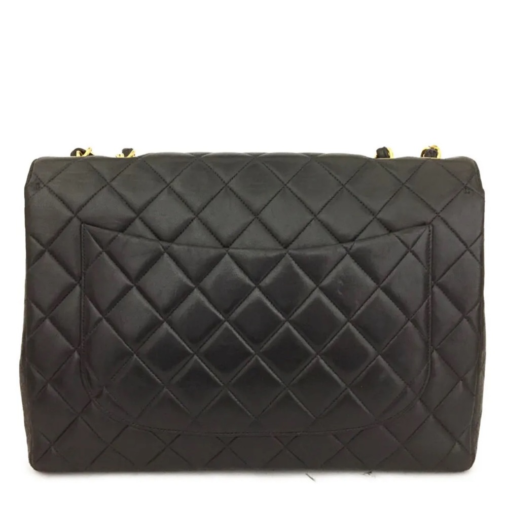 CHANEL Classic Black Leather Jumbo 30 / 24k Gold Chain Flap Bag +Card/Duster + - Picture 11 of 12